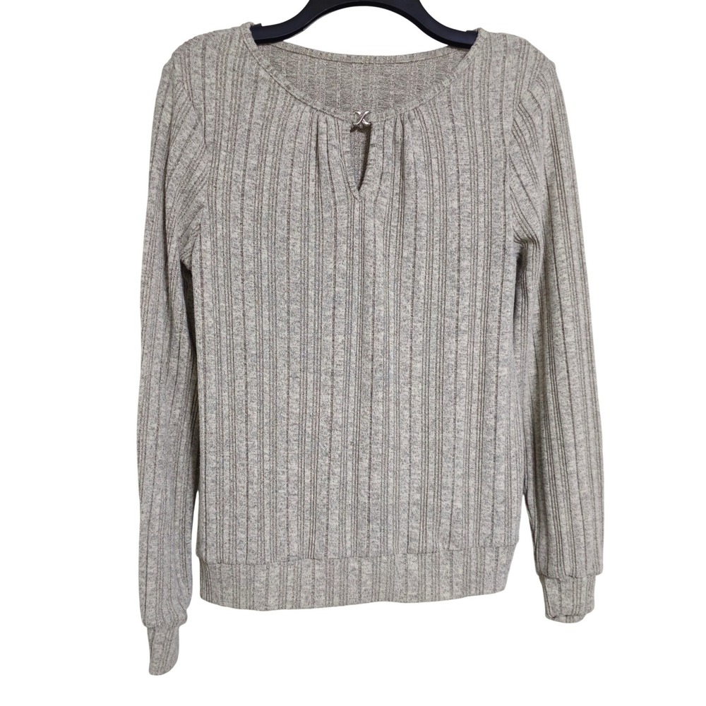 Grey Ribbed Knit Keyhole Top Silver X Detail Long Sleeve Heathered Size S